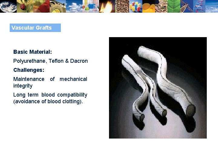 Vascular Grafts Basic Material: Polyurethane, Teflon & Dacron Challenges: Maintenance of mechanical integrity Long