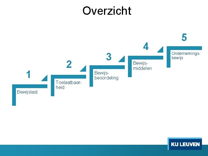 Overzicht 1 Bewijslast 2 Toelaatbaarheid 3 Bewijsbeoordeling 4 Bewijsmiddelen 5 Ondernemingsbewijs 