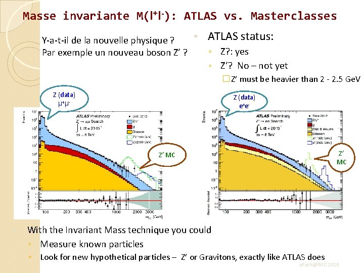 Masse invariante M(l+l-): ATLAS vs. Masterclasses ▪ Y-a-t-il de la nouvelle physique ? Par