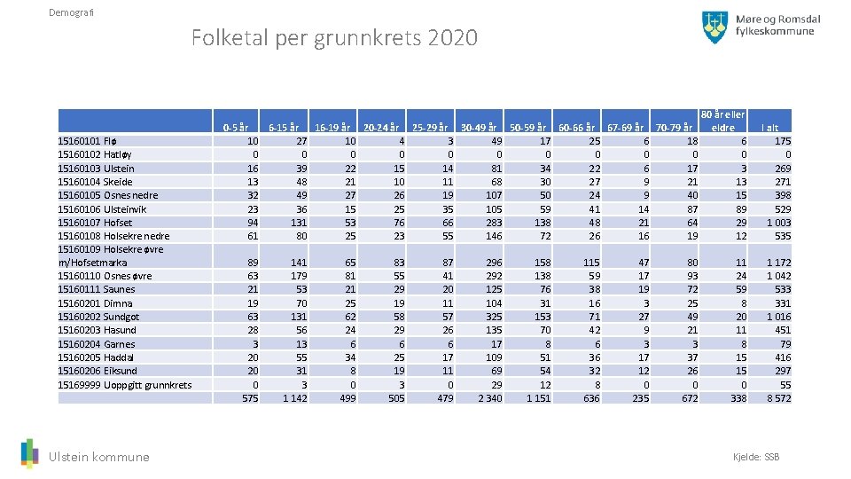 Demografi Folketal per grunnkrets 2020 15160101 Flø 15160102 Hatløy 15160103 Ulstein 15160104 Skeide 15160105