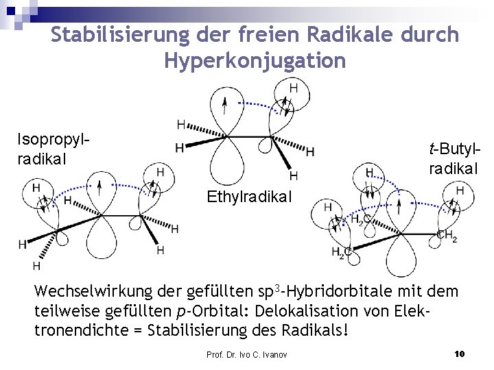 Stabilisierung der freien Radikale durch Hyperkonjugation Isopropylradikal t-Butylradikal Ethylradikal Wechselwirkung der gefüllten sp 3