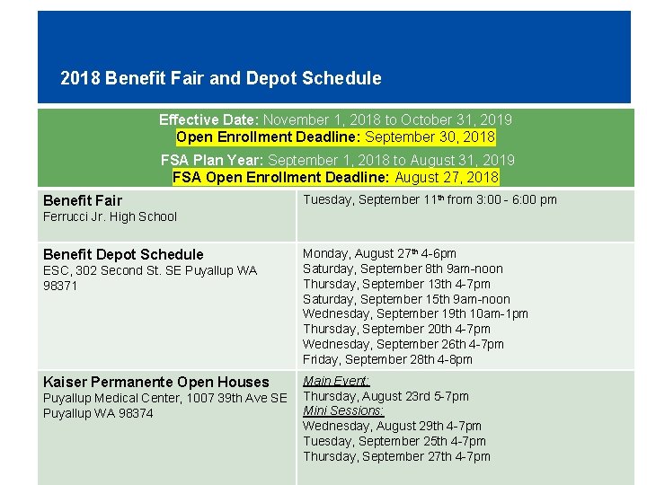 2018 Benefit Fair and Depot Schedule Effective Date: November 1, 2018 to October 31,