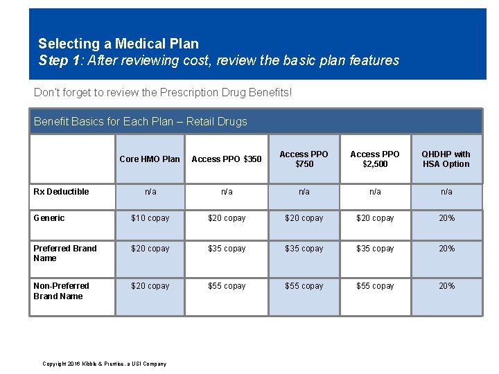 Selecting a Medical Plan Step 1: After reviewing cost, review the basic plan features