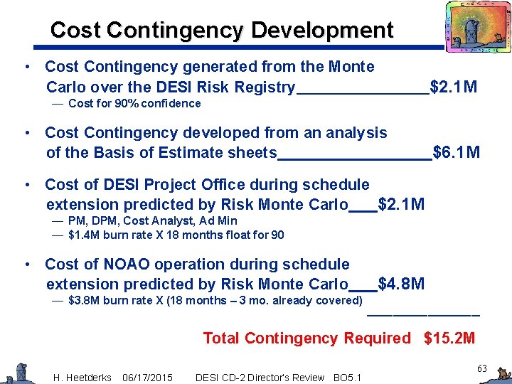 Cost Contingency Development • Cost Contingency generated from the Monte Carlo over the DESI