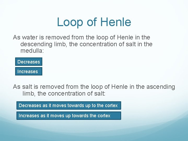 Loop of Henle As water is removed from the loop of Henle in the