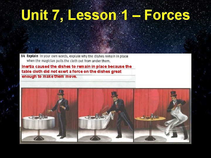 Unit 7, Lesson 1 – Forces Inertia caused the dishes to remain in place