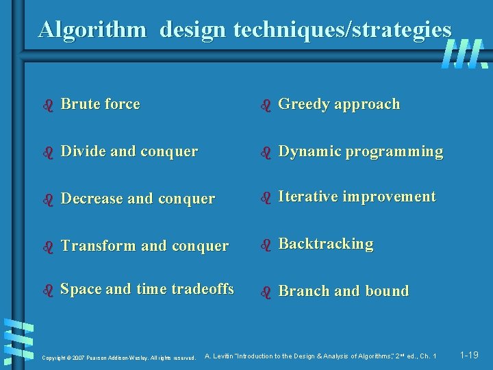 Algorithm design techniques/strategies b Brute force b Greedy approach b Divide and conquer b