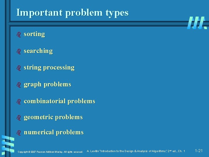 Important problem types b sorting b searching b string processing b graph problems b