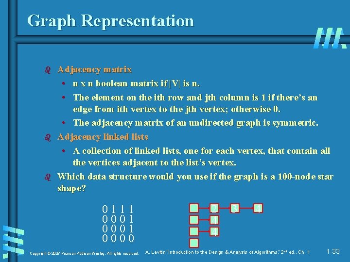 Graph Representation b b b Adjacency matrix • n x n boolean matrix if