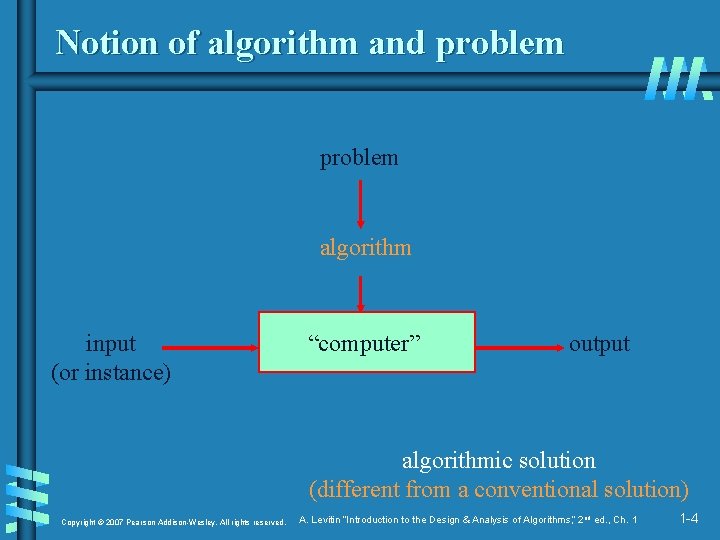 Notion of algorithm and problem algorithm input (or instance) “computer” output algorithmic solution (different