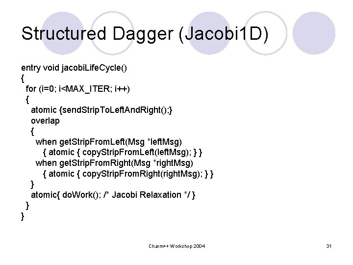 Structured Dagger (Jacobi 1 D) entry void jacobi. Life. Cycle() { for (i=0; i<MAX_ITER;