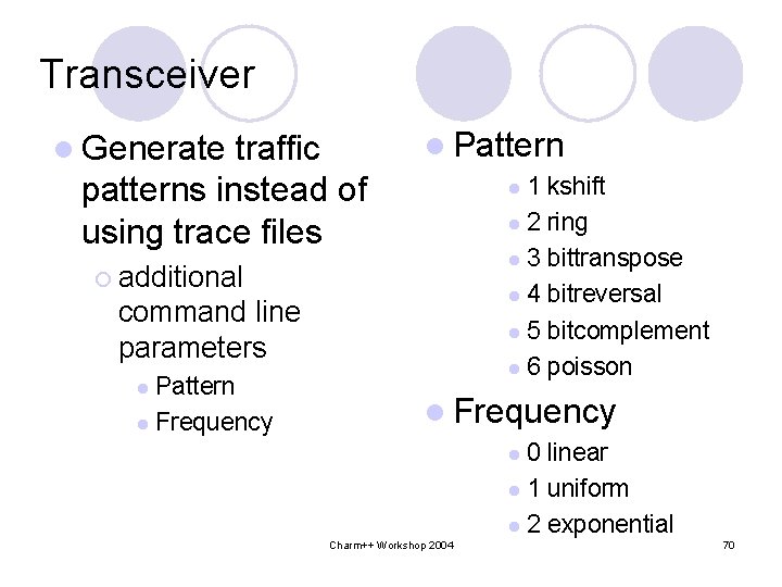 Transceiver l Generate traffic patterns instead of using trace files l Pattern 1 kshift