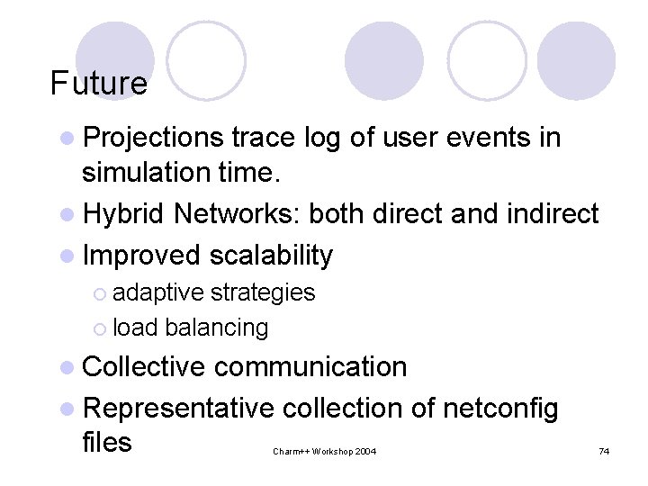 Future l Projections trace log of user events in simulation time. l Hybrid Networks: