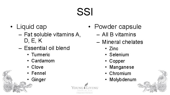 SSI • Liquid cap – Fat soluble vitamins A, D, E, K – Essential