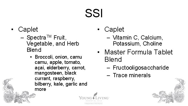 SSI • Caplet – Spectra. TM Fruit, Vegetable, and Herb Blend • Broccoli, onion,