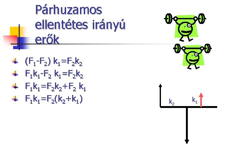 Párhuzamos ellentétes irányú erők (F 1 -F 2) k 1=F 2 k 2 F