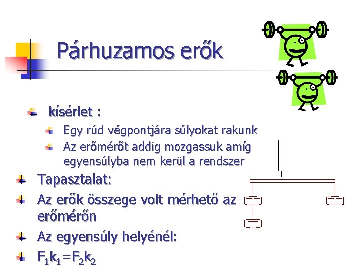 Párhuzamos erők kísérlet : Egy rúd végpontjára súlyokat rakunk Az erőmérőt addig mozgassuk amíg