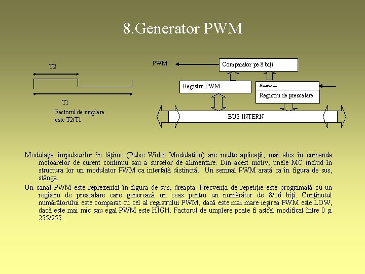 8. Generator PWM T 2 Comparator pe 8 biţi Registru PWM Numărător Registru de