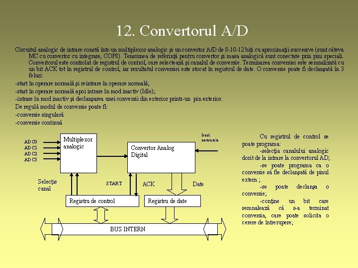 12. Convertorul A/D Circuitul analogic de intrare constă într-un multiplexor analogic şi un convertor