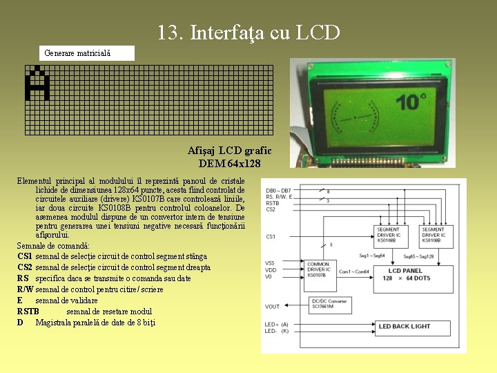 13. Interfaţa cu LCD Generare matricială Afişaj LCD grafic DEM 64 x 128 Elementul