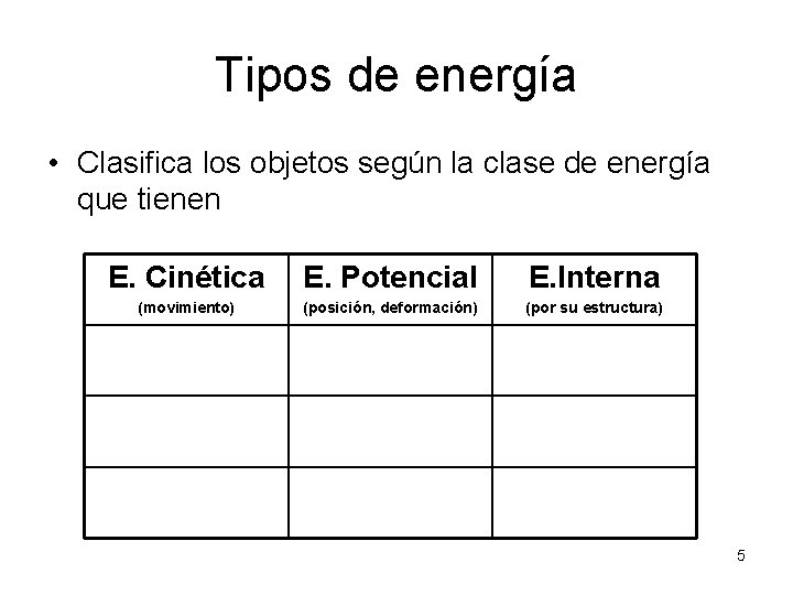 Tipos de energía • Clasifica los objetos según la clase de energía que tienen