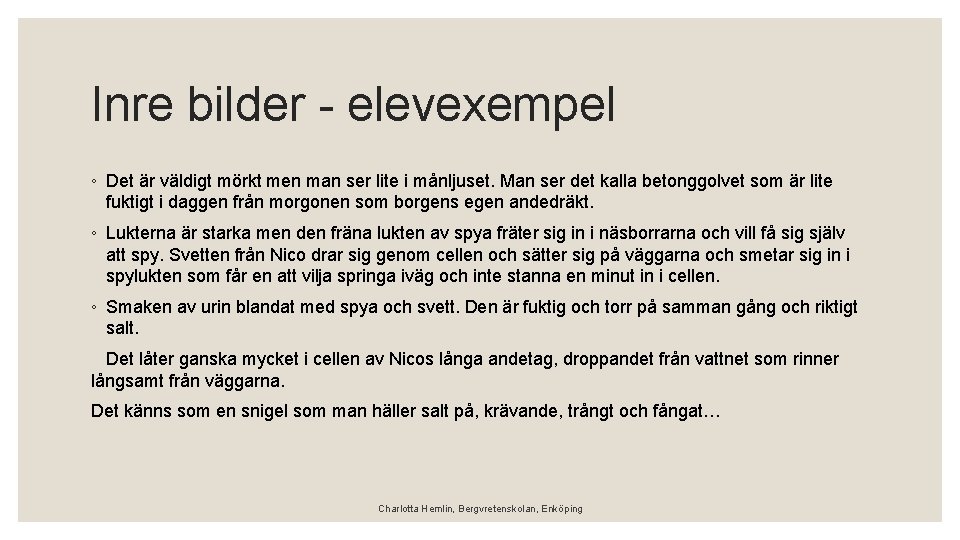 Inre bilder - elevexempel ◦ Det är väldigt mörkt men man ser lite i