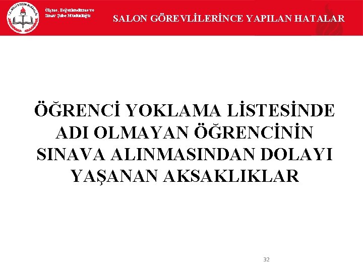 Ölçme, Değerlendirme ve Sınav Şube Müdürlüğü SALON GÖREVLİLERİNCE YAPILAN HATALAR ÖĞRENCİ YOKLAMA LİSTESİNDE ADI