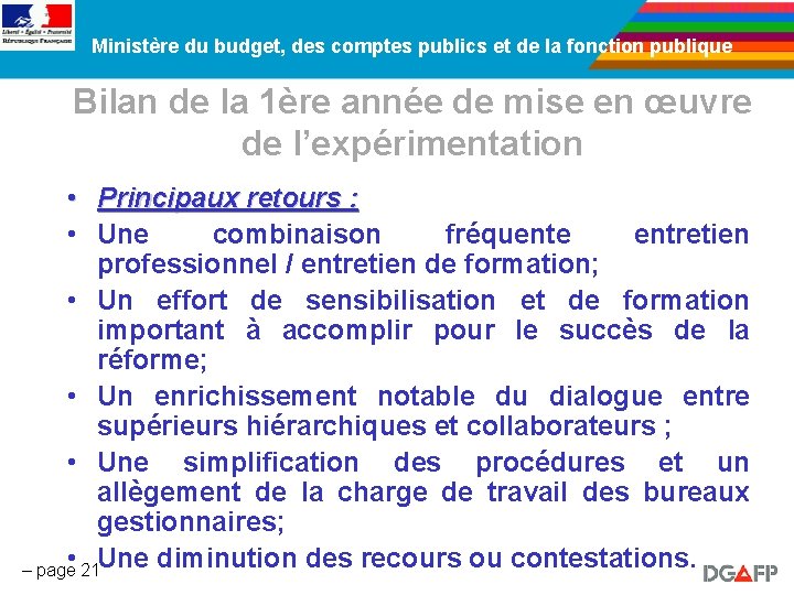 Ministère du budget, des comptes publics et de la fonction publique Bilan de la