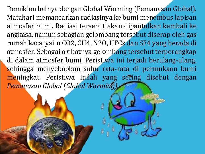 Demikian halnya dengan Global Warming (Pemanasan Global). Matahari memancarkan radiasinya ke bumi menembus lapisan