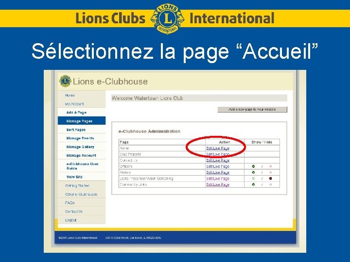 Sélectionnez la page “Accueil” 