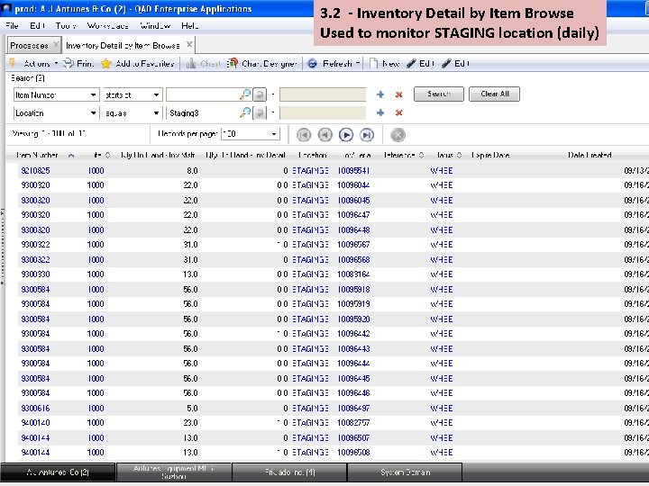 3. 2 - Inventory Detail by Item Browse Used to monitor STAGING location (daily)