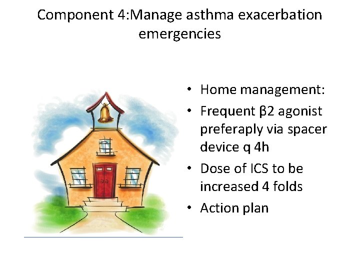 Component 4: Manage asthma exacerbation emergencies • Home management: • Frequent β 2 agonist