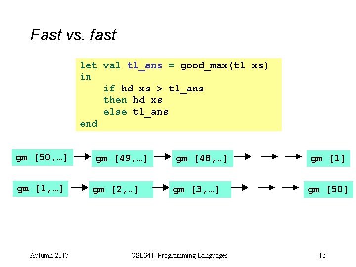 Fast vs. fast let val tl_ans = good_max(tl xs) in if hd xs > Fast vs. fast let val tl_ans = good_max(tl xs) in if hd xs >