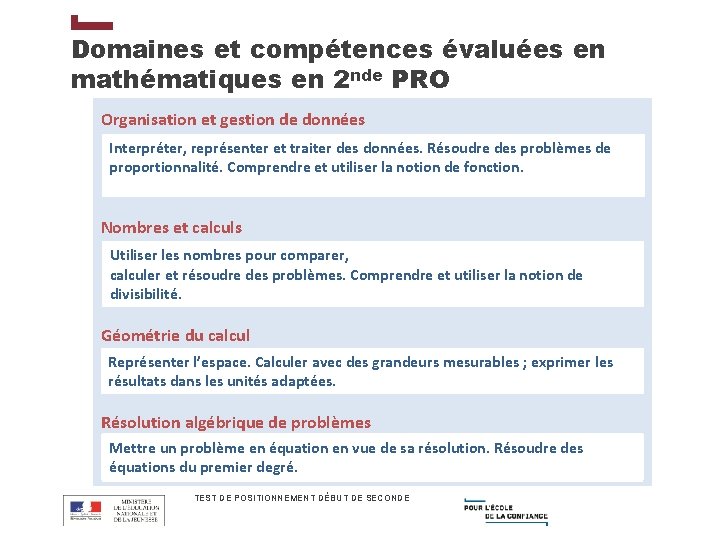 Domaines et compétences évaluées en mathématiques en 2 nde PRO Organisation et gestion de