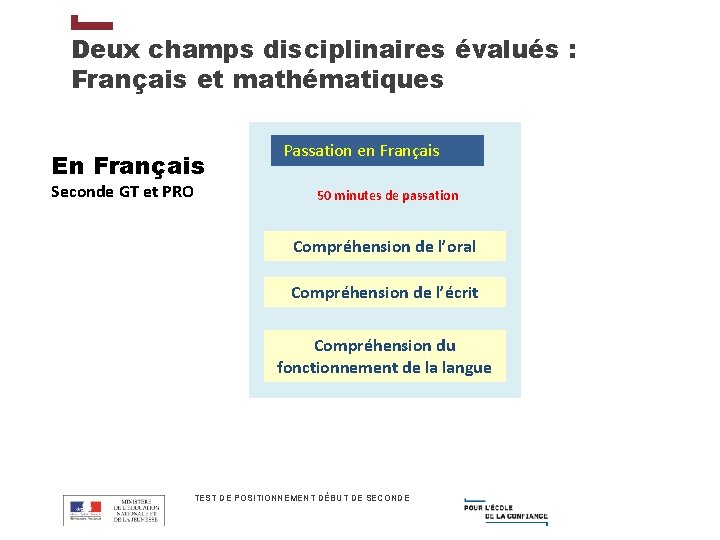 Deux champs disciplinaires évalués : Français et mathématiques En Français Seconde GT et PRO