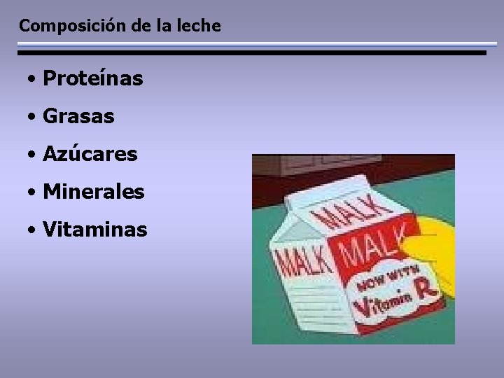 Composición de la leche • Proteínas • Grasas • Azúcares • Minerales • Vitaminas