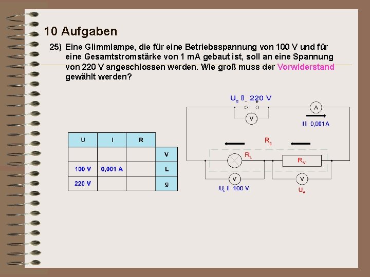 10 Aufgaben 25) Eine Glimmlampe, die für eine Betriebsspannung von 100 V und für