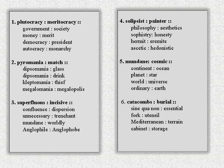 1. plutocracy : meritocracy : : government : society money : merit democracy :