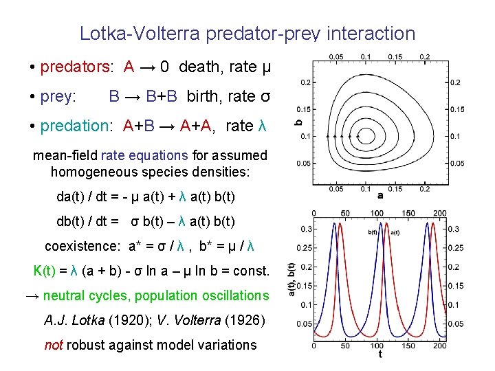 Lotka-Volterra predator-prey interaction • predators: A → 0 death, rate μ • prey: B