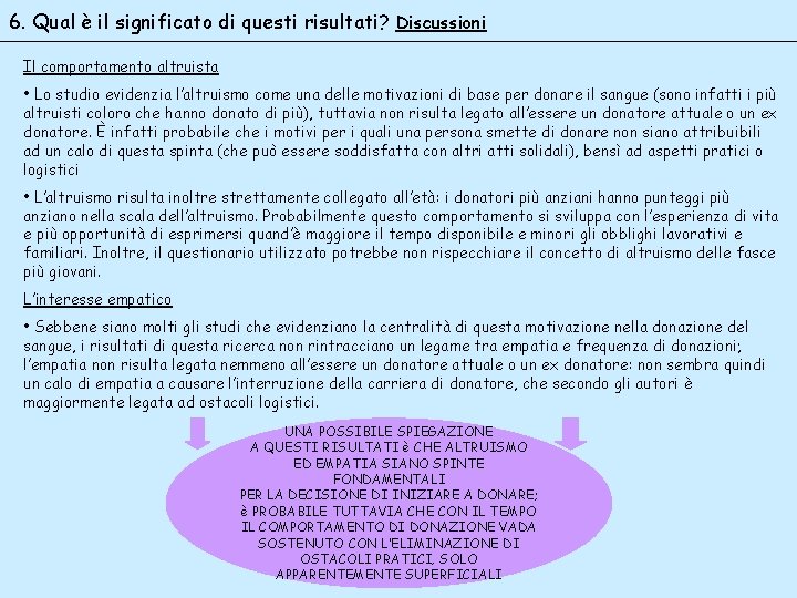 6. Qual è il significato di questi risultati? Discussioni Il comportamento altruista • Lo