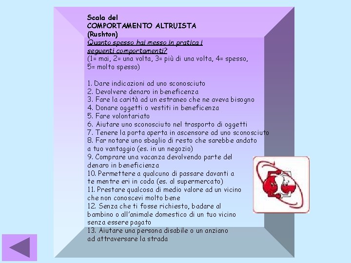 Scala del COMPORTAMENTO ALTRUISTA (Rushton) Quanto spesso hai messo in pratica i seguenti comportamenti?