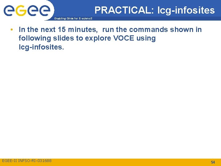 PRACTICAL: lcg-infosites Enabling Grids for E-scienc. E • In the next 15 minutes, run