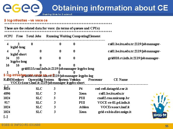 Obtaining information about CE Enabling Grids for E-scienc. E $ lcg-infosites --vo voce ce