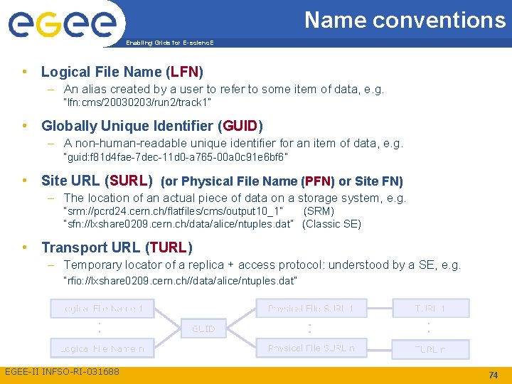 Name conventions Enabling Grids for E-scienc. E • Logical File Name (LFN) – An