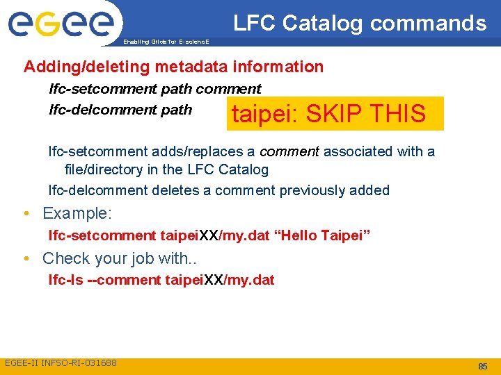 LFC Catalog commands Enabling Grids for E-scienc. E Adding/deleting metadata information lfc-setcomment path comment