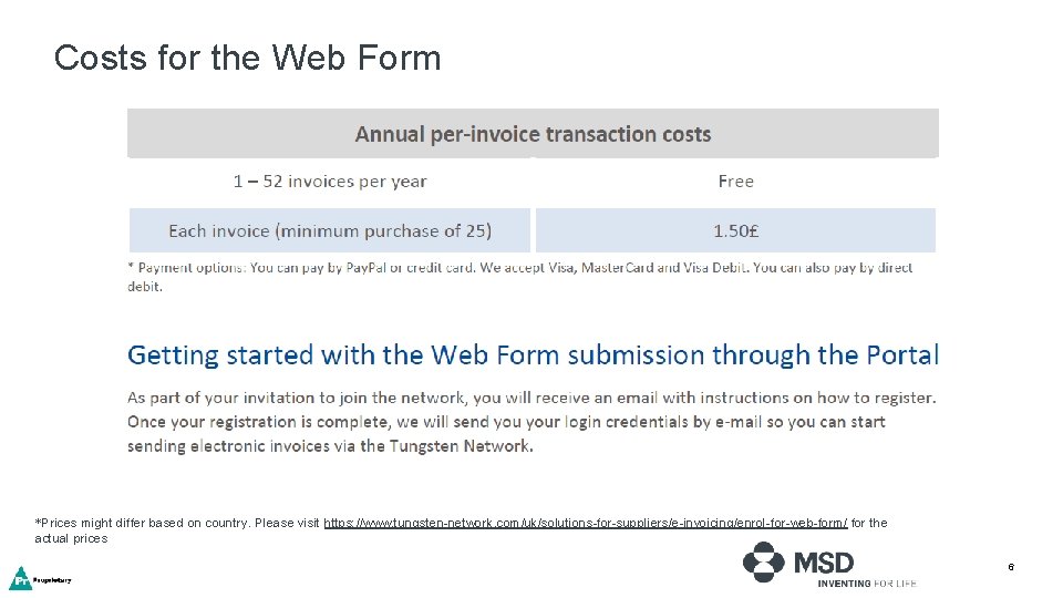 Costs for the Web Form *Prices might differ based on country. Please visit https: