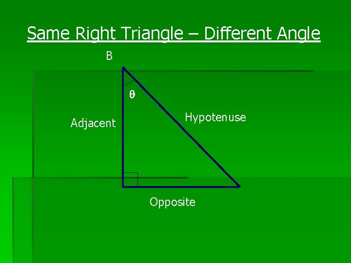Same Right Triangle – Different Angle B q Adjacent Hypotenuse Opposite 