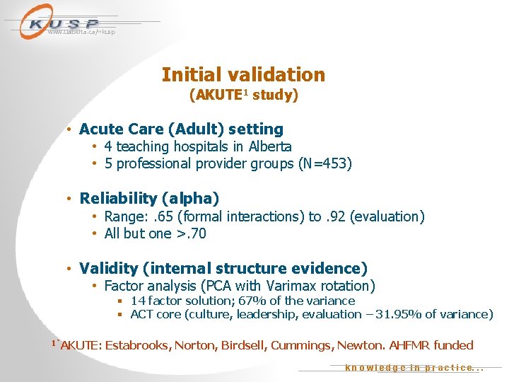 www. ualberta. ca/~kusp Initial validation (AKUTE 1 study) • Acute Care (Adult) setting •