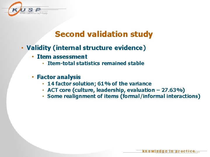 www. ualberta. ca/~kusp Second validation study • Validity (internal structure evidence) • Item assessment