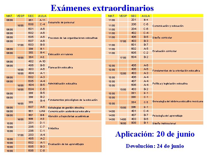 Exámenes extraordinarios MAT. VESP SEC AULA 601 A-11 15: 00 608 C-4 17: 00